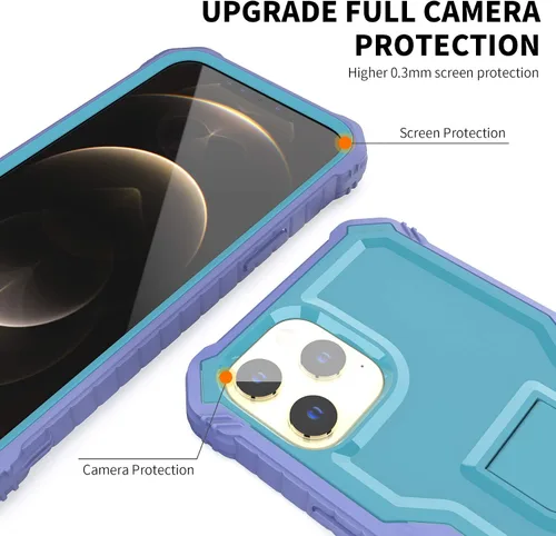 Vista 3 de Funda para Apple iPhone 12 Pro Max, protección de grado militar a prueba de golpes con protector de pantalla HD de vidrio templado y soporte Azul