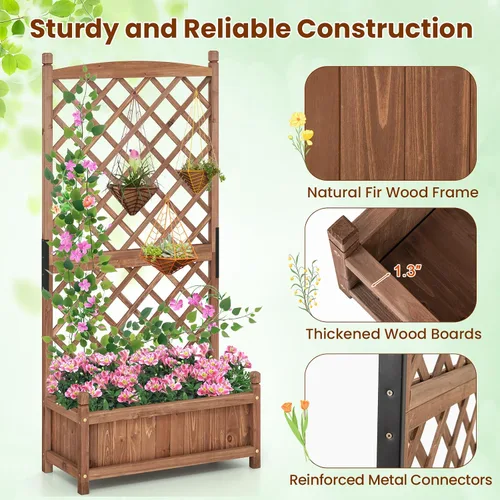 Vista 5 de Giantex Cama de jardín elevada con enrejado, contenedor de madera de 60 pulgadas con agujeros de drenaje, enrejado alto para colgar macetas