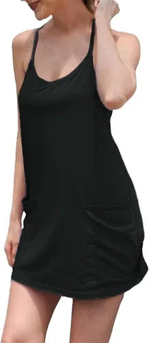 Vista 5 de UNIANKIYA Enterizo de entrenamiento para mujer con pantalones cortos debajo, sin mangas, tirantes delgados, trajes atléticos, trajes casuales