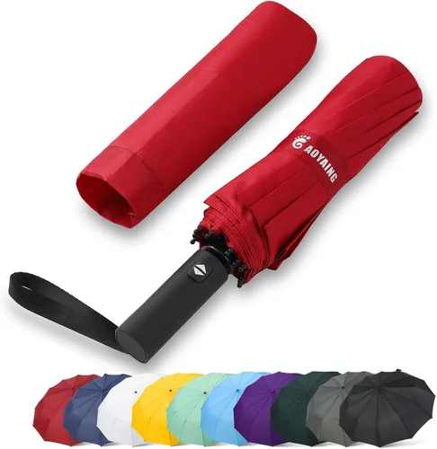 Vista 11 de GAOYAING Paraguas de lluvia automático grande de 46 pulgadas, resistente al viento, ligero, listo para viajar, tela resistente de 12 costillas 210T
