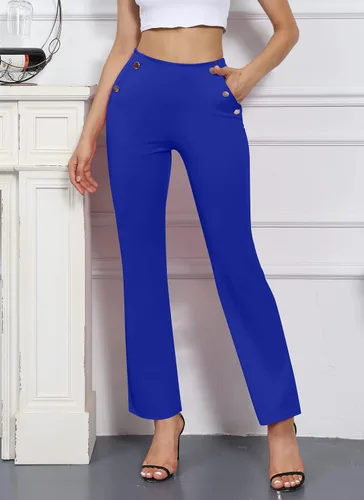 Vista 3 de Kafiloe Pantalones de trabajo largos y rectos de cintura alta para mujer pantalones de trabajo de negocios pantalones elásticos casuales con bolsillo