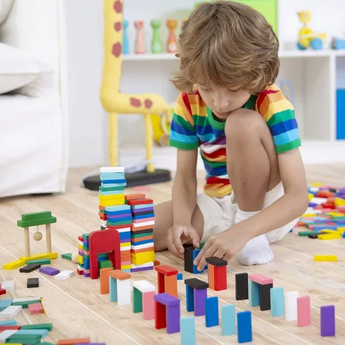 Vista 5 de Set de 1000 piezas Dominó de madera para niños, bloques de construcción, juegos de carrera con bolsa de almacenamiento Lewo
