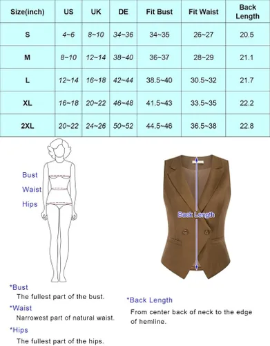Vista 7 de Belle Poque Chaleco de doble botonadura para mujer con cuello de solapa vintage con 2 bolsillos