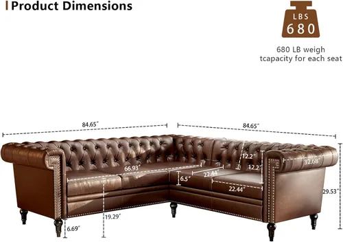 Vista 2 de Sofá modular de piel sintética para sala de estar, sofá Chesterfield reversible en forma de L con brazos enrollados y cabeza de clavos, sofá