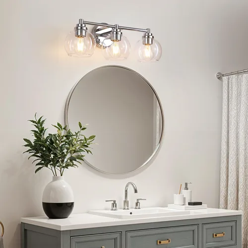 Vista 8 de Lámparas de baño de 3 luces, moderna lámpara de tocador con pantalla de cristal de globo, luces de baño cromadas plateadas sobre espejo, luces
