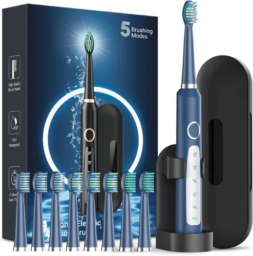 Vista 9 de Rtauys Cepillo de dientes eléctrico M5 para adultos, cepillo de dientes eléctrico sónico para niños y adultos con 8 cabezales de cepillo y estuche