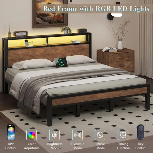 Vista 46 de LOEWAY Base de cama tamaño Queen con cabecero de almacenamiento y luces LED, color gris