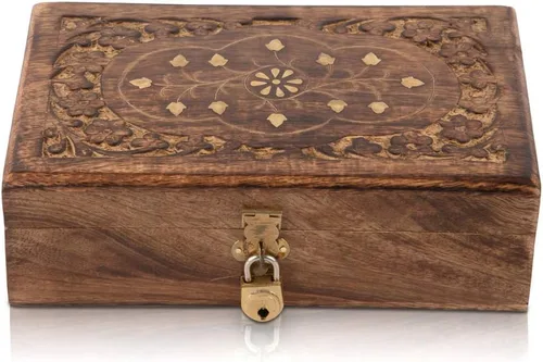 Vista 3 de Gran idea de regalo de cumpleaños, caja de joyería decorativa hecha a mano de madera con cerradura y llave, organizador de joyas, caja de recuerdo