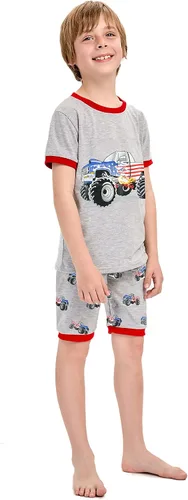 Vista 4 de Little Hand Conjunto de pijama para niño, pijamas cortas para niños pequeños, ropa de dormir de algodón con diseño de camión monstruo, ropa