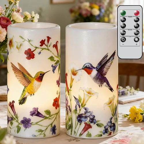 Vista 9 de Velas sin llama de cardenal de Navidad en pilar con control remoto y temporizador, velas LED en portavelas de cera real, vela operada por batería