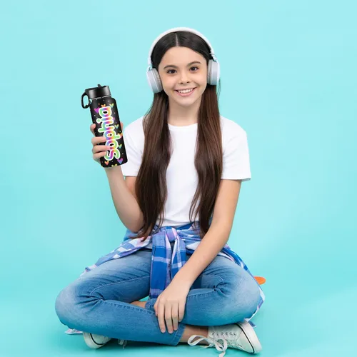 Vista 3 de Botellas de agua personalizadas para niñas, de acero inoxidable con aislamiento de doble pared con pajita, botella de agua de color degradado