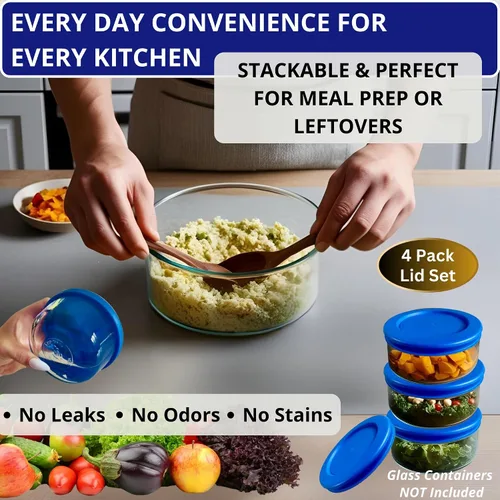 Vista 5 de KlareWare Tapas de repuesto para 2 tazas, tapas de plástico sin BPA para Pyrex 7200, Anchor Hocking (paquete de 4, azul) - Contenedores no incluidos