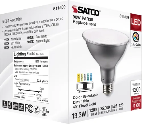 Vista 7 de Satco S11589; LED PAR38 de 13.3 vatios; base media; acabado plateado; CCT seleccionable; 120 voltios; ángulo de haz de 40 grados