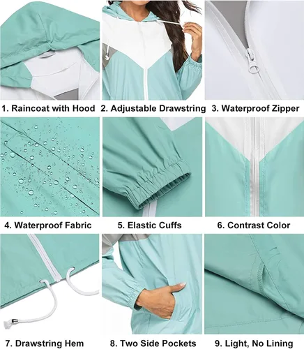 Vista 4 de SoTeer Chubasqueros impermeables para mujer, ligeros, con capucha, rompevientos, plegable, para exteriores