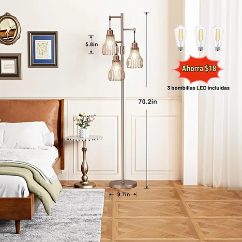 Vista 2 de Ziisee Lámparas de pie regulables para sala de estar, lámparas altas de pie industriales con forma de árbol con 3 elegantes pantallas de jaula
