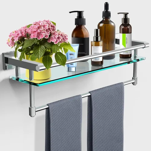 Vista 9 de Estante de vidrio para baño de 20 pulgadas, estantes de baño con barra para toallas, estantes de vidrio templado con soporte para toallas de acero