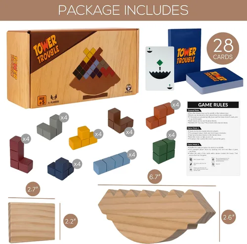 Vista 6 de PATHFINDER PANDAS Juego de Torre Apilable - Juego de Equilibrio de Madera de 32 PIEZAS con Bloques de Construcción y Cartas - Torre Tetra Apilable