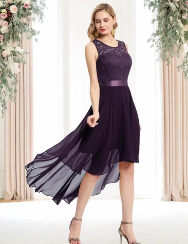 Vista 2 de BeryLove - Vestido formal, sin mangas, con encaje, holgado y por debajo de la rodilla para mujer, para fiesta, verano, boda y cóctel