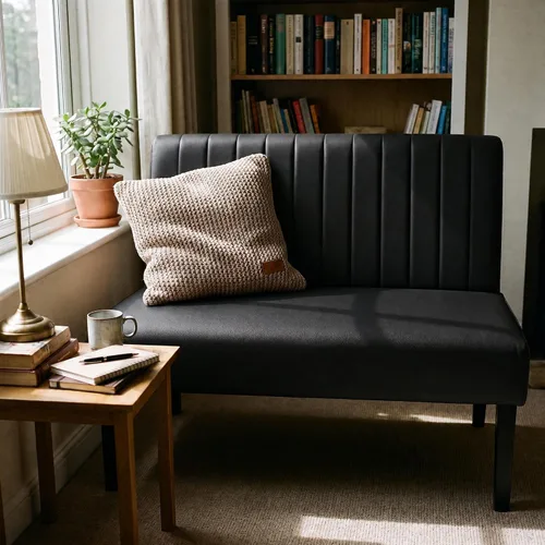 Vista 9 de STHOUYN Mini sofá pequeño de cuero negro de 43 pulgadas de ancho, sofá biplaza sin brazos para dormitorio con puerto USB, sofás pequeños