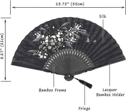 Vista 2 de OMyTea, abanico desplegable con motivo de flores de yuyos (8.27 pulgadas - 21 centímetros) con funda de tela para protección, estilo chino/japonés