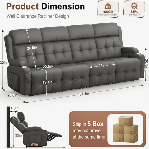 Vista 156 de Sofá de Dos Plazas Reclinable, Sofá Reclinable de Masaje con Gran Capacidad de Peso, Silla de Dos Plazas para RV en Liquidación con Consola, USB