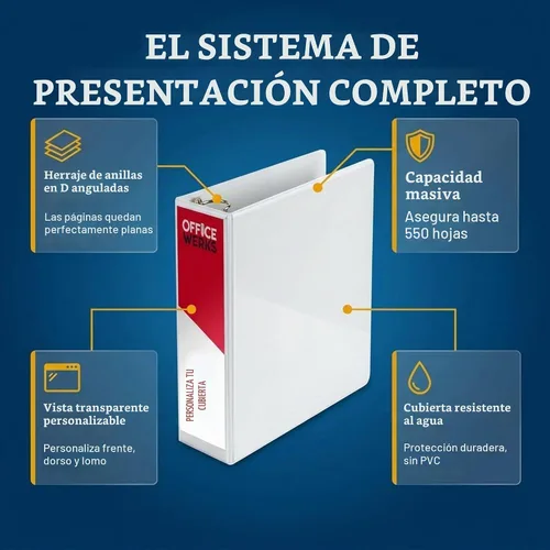 Vista 6 de Carpeta de 3 aros, aros inclinados con forma en D, portada con bolsa transparente.