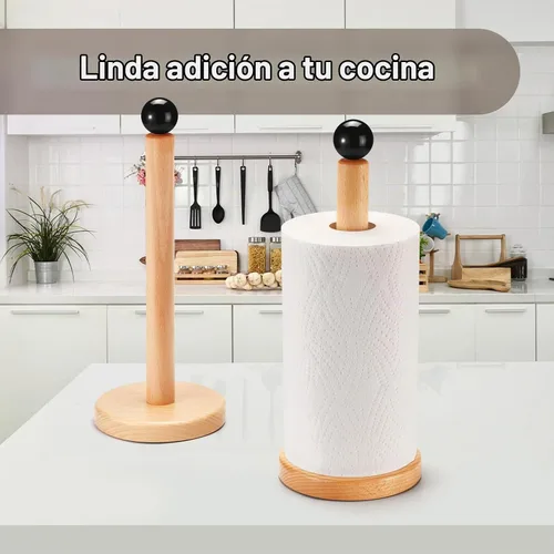 Vista 2 de Soporte para toallas de papel, soporte de rollo de cocina de madera (bola negra)