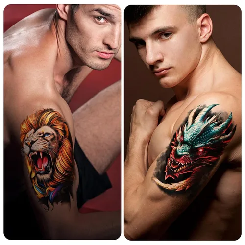 Vista 6 de 77 hojas de tatuajes temporales 3D para hombres y mujeres, diseño de león, tigre, dragón, araña, escorpión, serpiente, medusa, rosa, para cuello