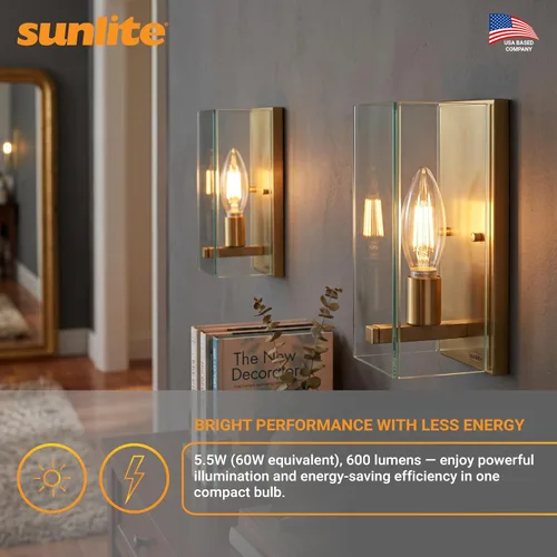 Vista 5 de Sunlite Bombilla LED de filamento B11 con punta de torpedo, 5 vatios (equivalente a 60 W), 600 lúmenes, 90CRI, base de candelabro E12, regulable