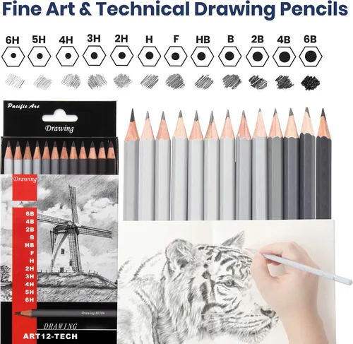 Vista 2 de Pacific Arc Lápices de dibujo de grafito prémium para artistas, paquete de tecnología – Lápices profesionales para dibujar, dibujar, dibujar