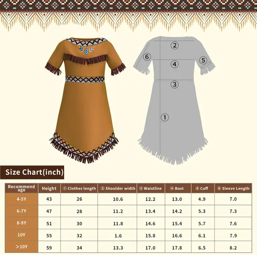 Vista 7 de Latocos 6 Pcs Girls Native American Costume Set Indian Princess Dress Outfit for Kids Cosplay Dress Up Pretend Play
