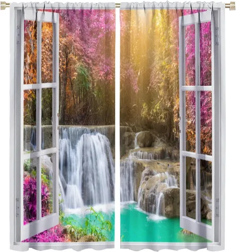 Vista 43 de Cortinas de paisaje, ventana tropical con vista al mar, océano, playa, barco, cortinas con estampado de palmeras para dormitorio, sala de estar, Mar