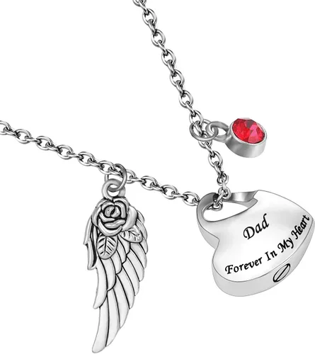 Vista 2 de Collar de urna de cremación de doble corazón viene con ala de ángel y 12 piedras natales para cenizas, colgante conmemorativo, Forever in My Heart