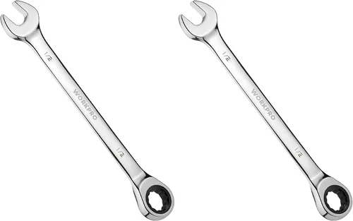 Vista 12 de WORKPRO Llave combinada de trinquete de 1/2 pulgada SAE, CR-V construida con cromado pulido espejo, diseño de 12 puntos, desplazamiento de 15 grados