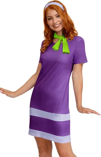 Vista 5 de For G and PL Disfraz de Halloween de manga corta para mujer, minivestido morado con bufanda y diadema