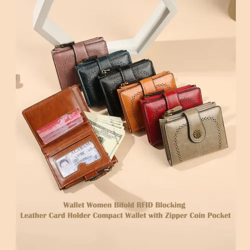 Vista 7 de Billetera para mujer, plegable, con bloqueo RFID, de cuero, tarjetero compacto con bolsillo para monedas con cremallera, Rosa, Cartera de cuero