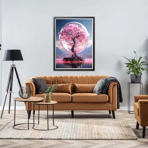 Vista 3 de LOMSIOY Kit de pintura de diamantes de imitación de árbol para adultos, pintura con arte de diamantes, flor de cerezo, taladro completo redondo