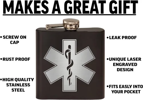 Vista 2 de Rogue River Tactical EMT Star of Life - Petaca de acero inoxidable de alta calidad, color negro mate, es un gran regalo para él, papá, padre, EMS