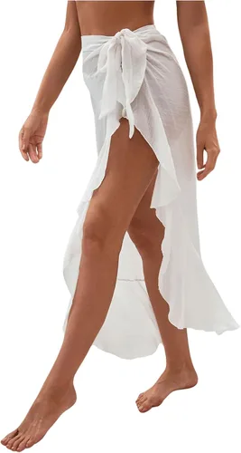 Vista 3 de OYOANGLE Traje de baño de malla transparente para mujer, con volantes, lazo lateral, pareo de playa, falda larga