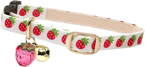 Vista 5 de Lindo collar de gato con campana y dije de fresa. 100% algodón. Seguridad suave para niña, niño, macho, hembra, gatito Negro