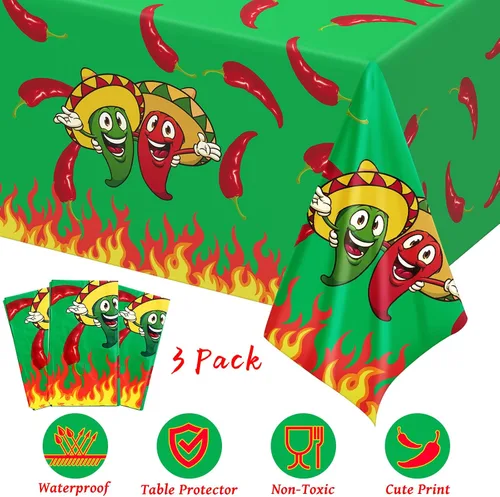 Vista 3 de Remerry Mantel de plástico con chile del Cinco de Mayo, desechable, color rojo y verde, suministros de decoración para mesa rectangular, fiesta