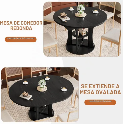 Vista 4 de Mesa de comedor redonda extensible de 43.3 a 59 pulgadas para 4 a 8, moderna mesa de comedor ovalada de cocina con estante de almacenamiento, mesa