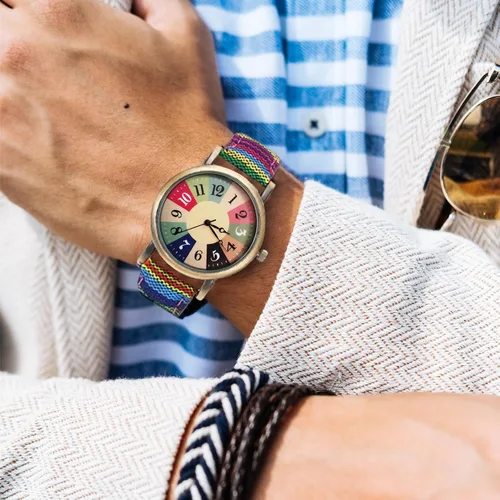 Vista 8 de Relojes para mujer - Boho Hippie para mujer, reloj arcoíris tejido de piel sintética