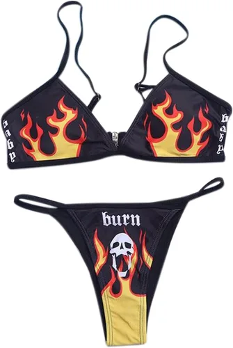 Vista 66 de AIBEARTY Traje de baño de dos piezas con estampado de calaveras para mujer, conjunto de bikini triangular de corte alto para fiesta, festival