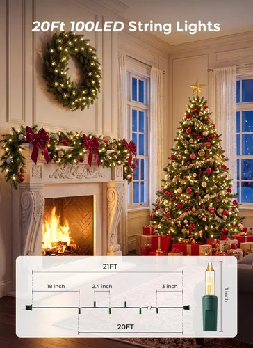 Vista 3 de Minetom Luces LED de Navidad, 20 pies, 100 luces navideñas 2-Alambre blanco y verde puro