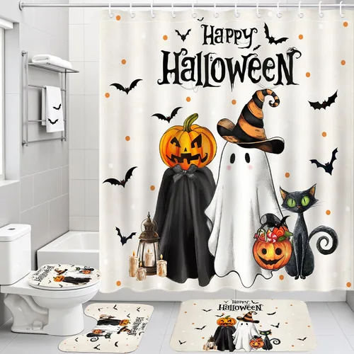 Vista 2 de Mocsicka Juego de cortinas de ducha de Halloween para baño, 4 piezas, fantasma, gato, calabaza, juegos de baño con alfombras antideslizantes