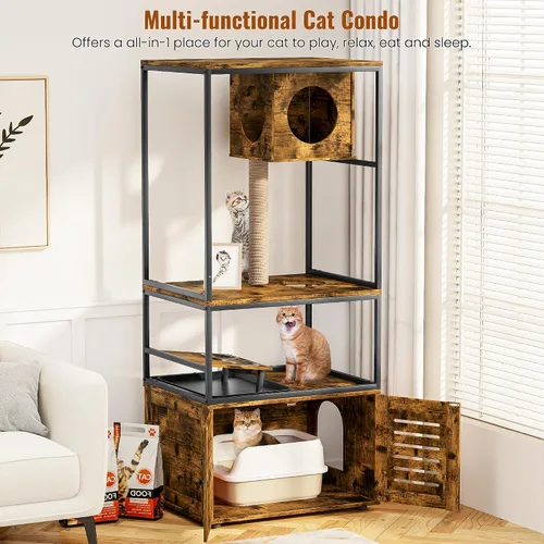 Vista 3 de Lamerge Árbol para gatos con caja de arena, caja de arena grande todo en 1, condominio para gatos con postes rascadores y cuenco de alimentación