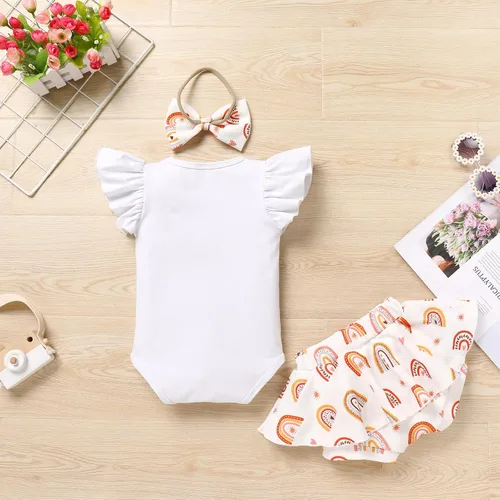 Vista 2 de IMEKIS Traje de ratón para bebé y niña, mameluco de girasol y melocotón + pantalones cortos con volantes + diadema para sesión de fotos de pastel