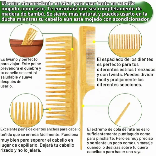 Vista 5 de Juego de peine de bambú para mujer, cepillo desenredante de paleta de madera para cabello grueso, fino, rizado, lacio, ondulado, fino, diente ancho