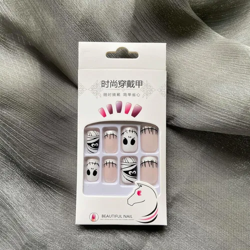 Vista 7 de Uñas postizas de punta francesa para Halloween, uñas postizas cortas cuadradas con diseños de parches de calavera, cobertura completa, uñas postizas